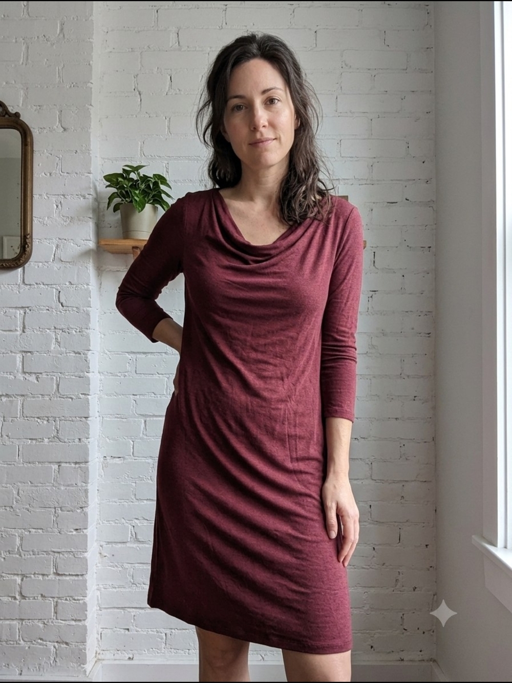 Eileen Fisher Women's Merlot Cowl Neck 3/4 Sleeve Dress Lagenlook Autumn